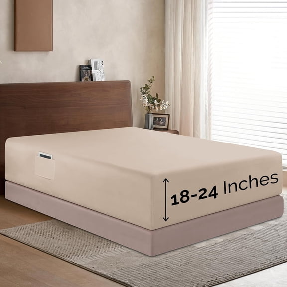 Elegant Comfort Extra Deep Pocket Single Fitted Sheet 18-24 Inch Deep, Wrinkle-Free, Soft, Smart Pocket, Fits High Mattresses, Full, Cream