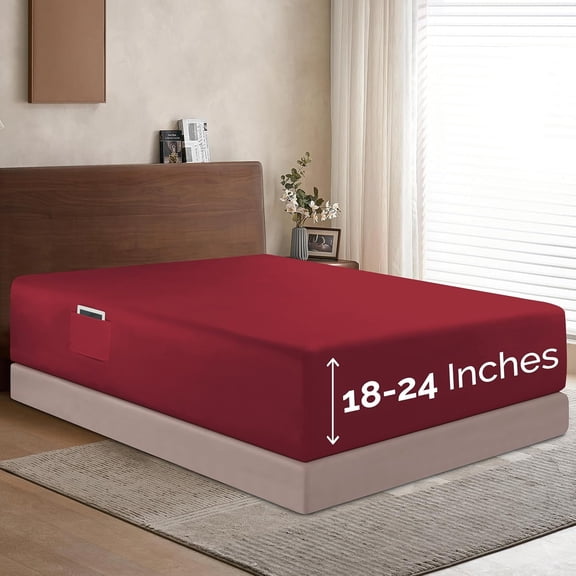 Elegant Comfort Extra Deep Pocket Single Fitted Sheet 18-24 Inch Deep, Wrinkle-Free, Soft, Smart Pocket, Fits High Mattresses, Twin/Twin XL, Burgundy