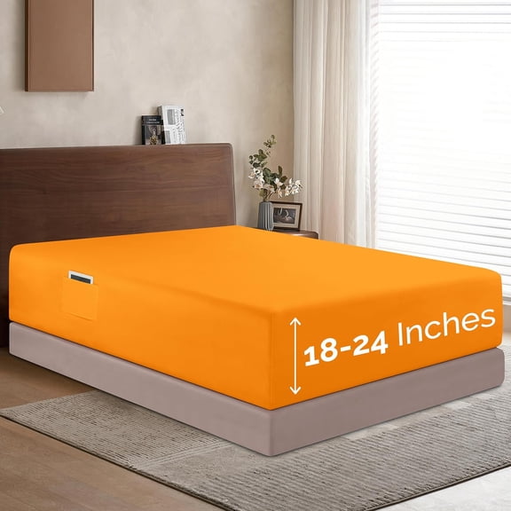 Elegant Comfort Extra Deep Pocket Single Fitted Sheet 18-24 Inch Deep, Wrinkle-Free, Soft, Smart Pocket, Fits High Mattresses, Twin/Twin XL, Orange