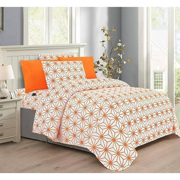 Elegant Comfort Genevieve Cube Collection 6-Piece Sheet Set, Deep Pocket 1500 Thread Count, Fade, Stain, and Wrinkle Resistant, Fitted Sheet with Smart Pockets, Cube Sheet Set, TwinXL,Tangerine Orange