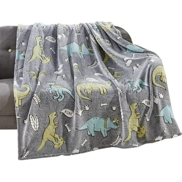 Elegant Comfort Glow in the Dark Lightweight Throw Blanket-All Season Decorative Perfect Gift for Kids Throw Blankets, 50 X 60 inches, Grey Dino Friends