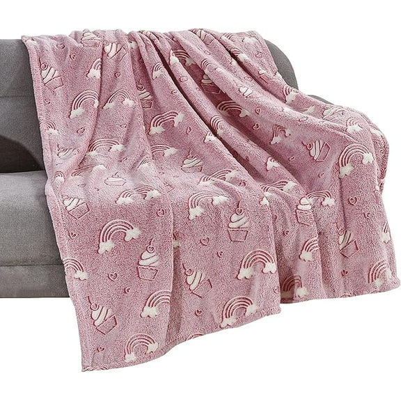 Elegant Comfort Glow in the Dark Lightweight Throw Blanket - Ultra Soft Luminous Blanket - All Season Decorative Perfect Gift for Kids Throw Blankets, 50 X 60 inches, Pink Rainbow