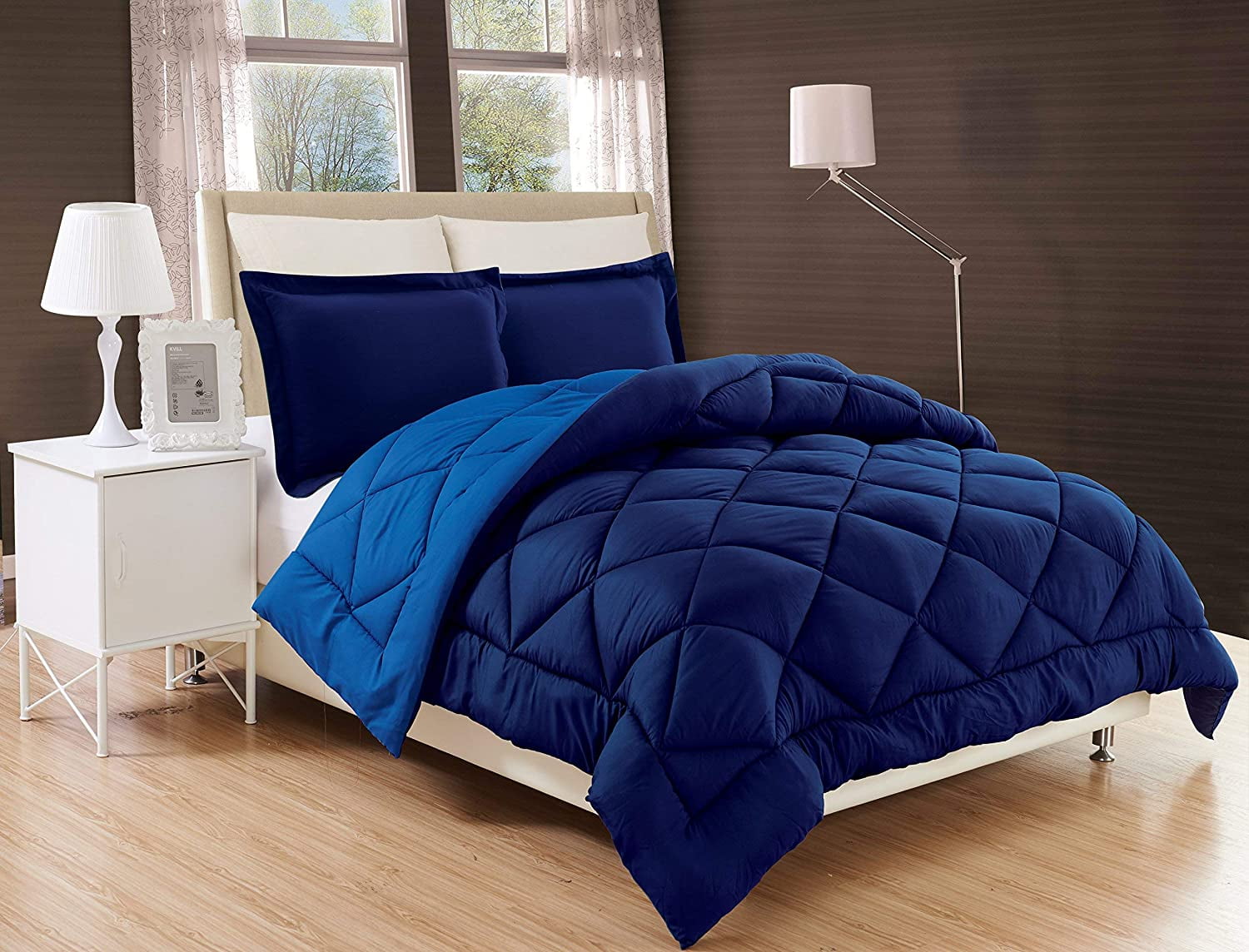 Full Navy Blue Microfiber Down Alternative Reversible Comforter Set