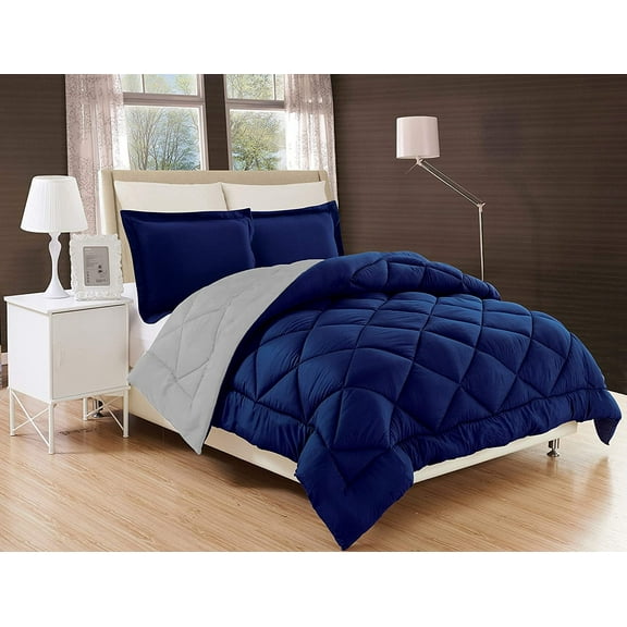 Elegant Comfort Goose Down Navy Silver Microfiber Queen Comforter