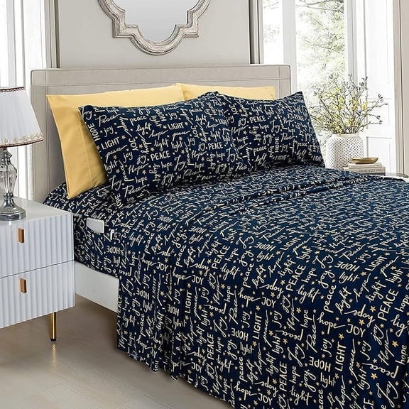 Elegant Comfort Holiday Printed 6-Piece Sheet Set, 1500 Thread Count, Breathable and Super Soft Material, Wrinkle Resistant, Fitted Sheets with Smart Pockets, 6PC King, Peace&Joy