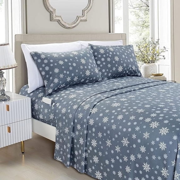 Elegant Comfort Holiday Printed 6-Piece Sheet Set, 1500 Thread Count, Breathable and Super Soft Material, Wrinkle Resistant, Fitted Sheets with Smart Pockets, 6PC Queen, Snow Flake Gray