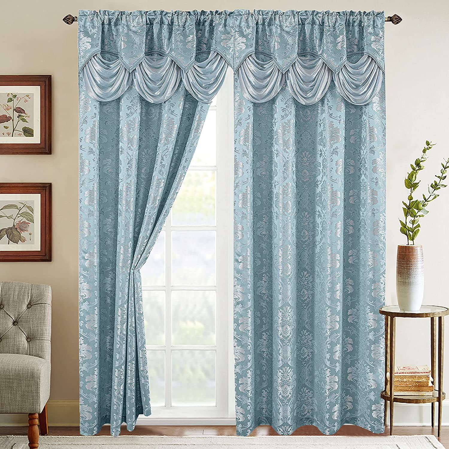 Elegant Comfort Jaquard Curtain Panels with Attached Pleated Valance, 2