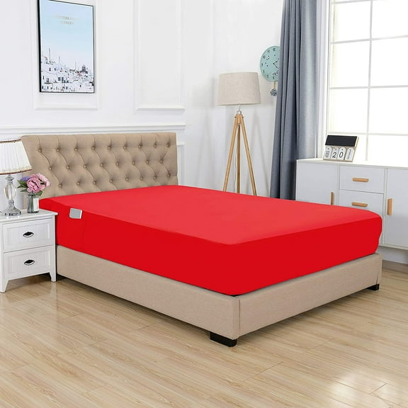 King Fitted Sheet with Smart Storage Pockets, Extra Deep 18-21 Inch Pocket, Ultra-Soft Wrinkle-Free Microfiber, Elastic Straps - King Red