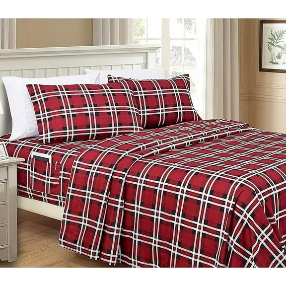 Elegant Comfort Lilliana Plaid 6-Piece Sheet Set, Cozy, Fade & Wrinkle Resistant, 1500 Thread Count Deep Pocket Fitted Sheet Featuring Smart Pockets, Plaid Sheet Set, King, Wine Red