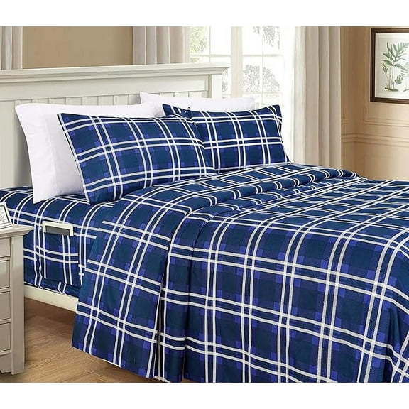 Elegant Comfort Lilliana Plaid 6-Piece Sheet Set, Cozy, Fade & Wrinkle Resistant, 1500 Thread Count Deep Pocket Fitted Sheet Featuring Smart Pockets, Plaid Sheet Set, Twin, Marine Blue