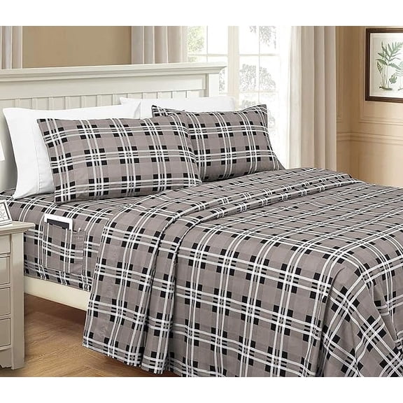 Elegant Comfort Lilliana Plaid 6-Piece Sheet Set, Cozy, Fade & Wrinkle Resistant, 1500 Thread Count Deep Pocket Fitted Sheet Featuring Smart Pockets, Plaid Sheet Set, Full, Graystone