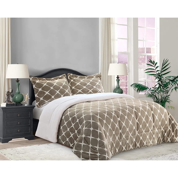 Elegant Comfort Luna Ogee 3-Piece Sherpa Comforter Set, Reversible Micro-Suede, Soft and Breathable Bedding, Ogee Pattern Sherpa Comforter, Cal King, Autumn Taupe