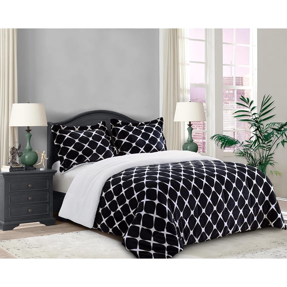 Elegant Comfort Luna Ogee 3-Piece Sherpa Comforter Set, Reversible Micro-Suede, Soft and Breathable Bedding, Ogee Pattern Sherpa Comforter, Queen, Jet Black