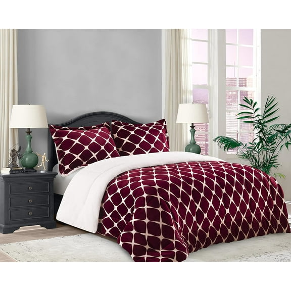 Elegant Comfort Luna Ogee 3-Piece Sherpa Comforter Set, Reversible Micro-Suede, Soft and Breathable Bedding, Ogee Pattern Sherpa Comforter, Queen, Wine Red