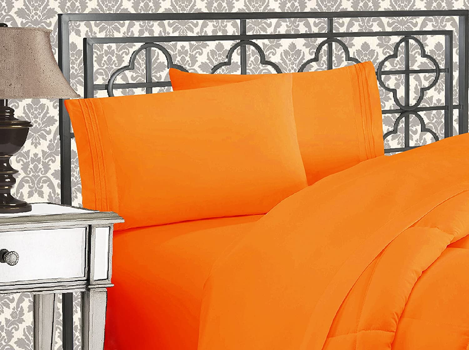 Orange Queen Microfiber Embroidered 4-Piece Bed Sheet Set