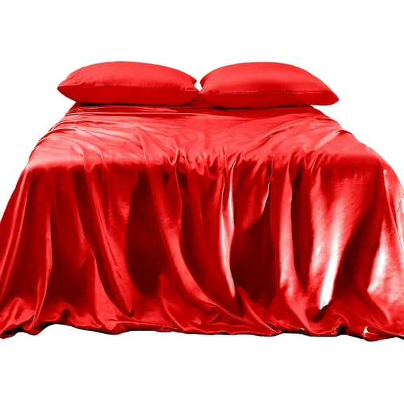 Elegant Comfort Luxurious 4-Piece Silky Satin Sheet Set Cooling Soft Satin Sheet Set, Full, Red