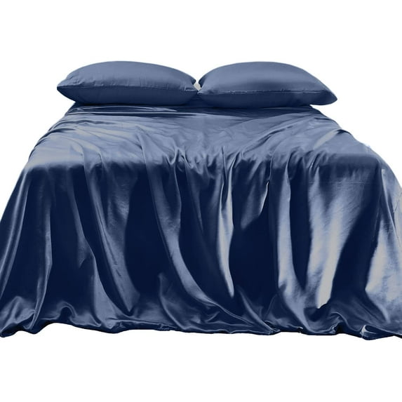 Elegant Comfort Luxurious 4-Piece Silky Satin Sheet Set Cooling Soft Satin Sheet Set, Twin, Navy Blue