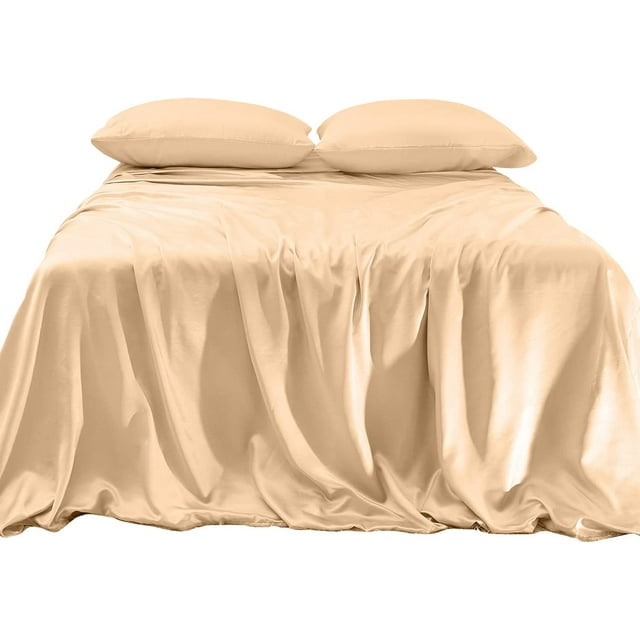 Elegant Comfort Luxurious 4-Piece Silky Satin Sheet Set Cooling Soft Satin Sheet Set, Queen, Champaign