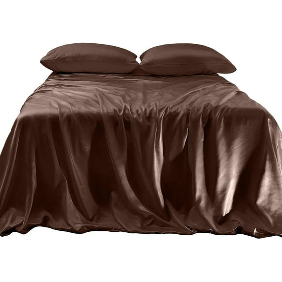 Elegant Comfort Luxurious 4-Piece Silky Satin Sheet Set, Skin and Hair Friendly, Wrinkle, Fade, Stain Resistant with Deep Pockets Fitted Sheet, Cooling Soft Satin Sheets, Cali King, Chocolate Brown