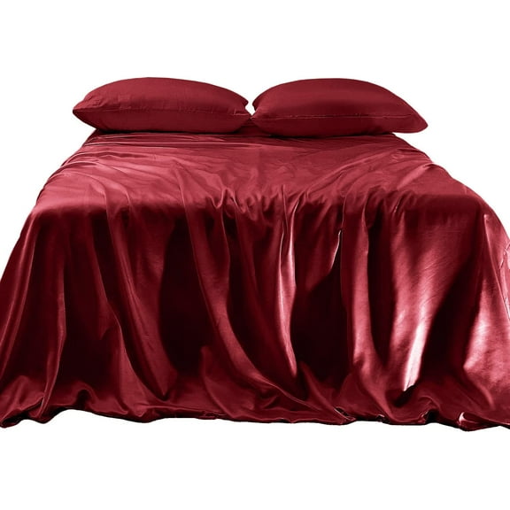 Elegant Comfort Luxurious 4-Piece Silky Satin Sheet Set, Skin and Hair Friendly, Wrinkle, Fade, Stain Resistant with Deep Pockets Fitted Sheet, Cooling Soft Satin Sheet Set, Full, Burgundy