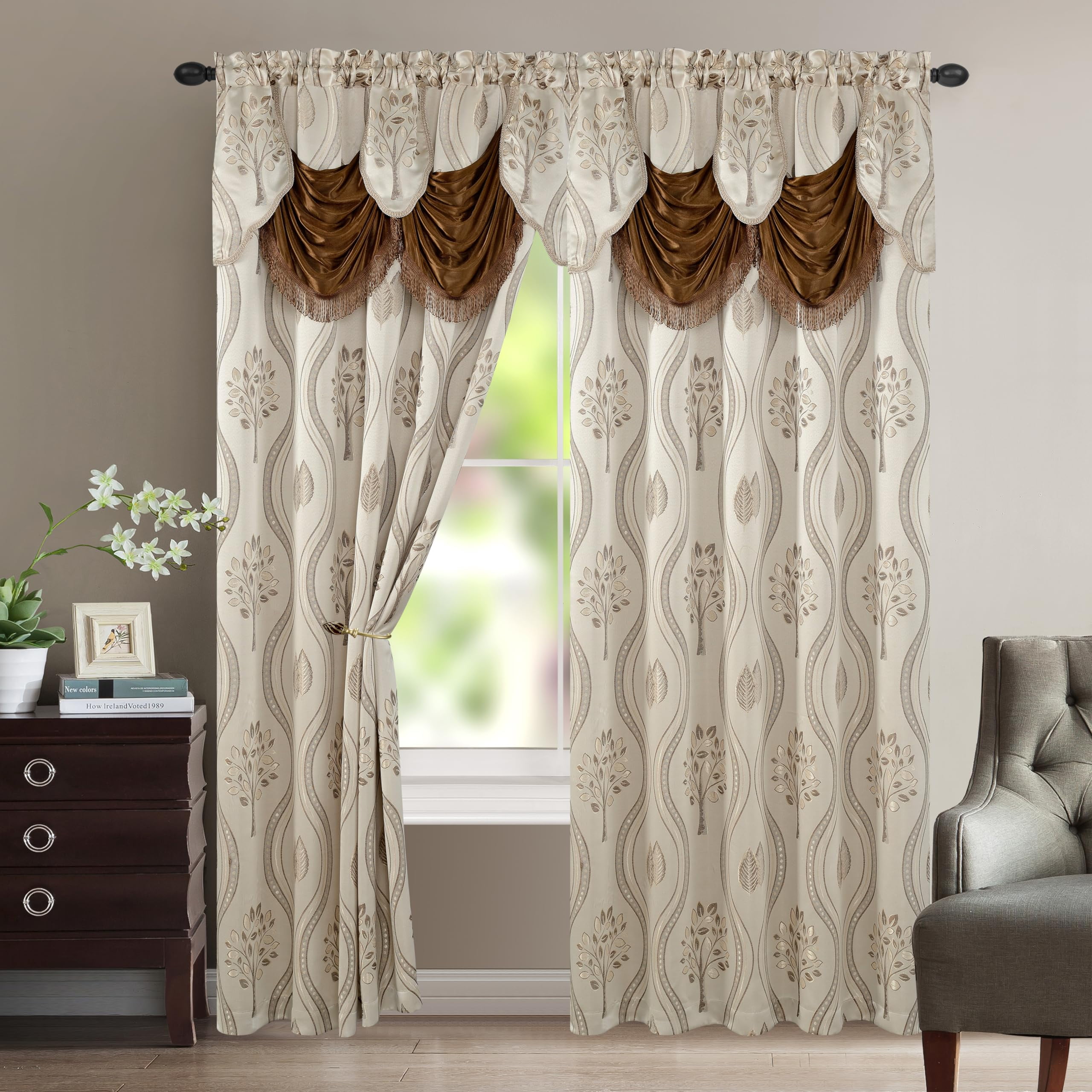 Beige and Brown Sheer Polyester Rod Pocket Curtain Panel Set