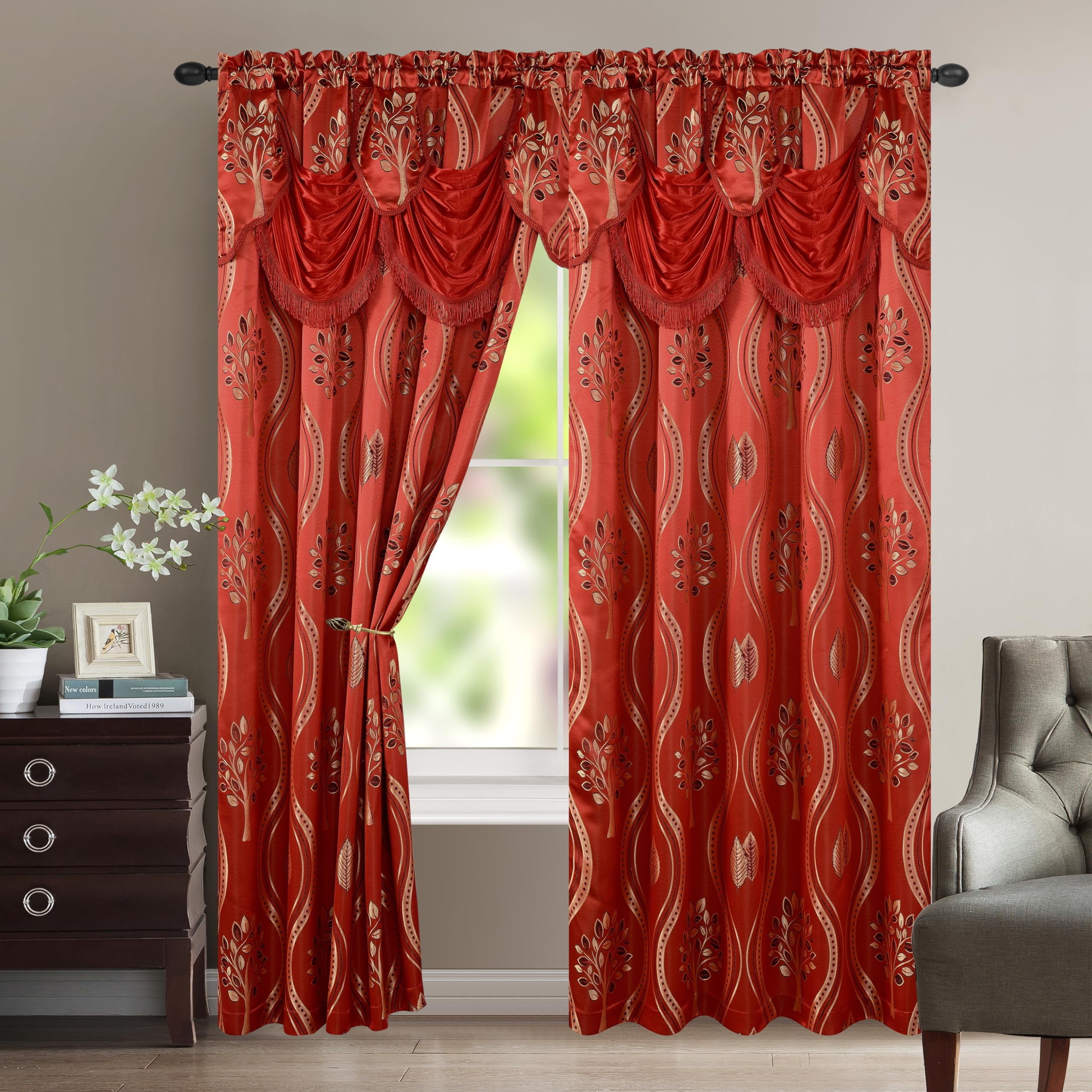 Red Sheer Polyester Rod Pocket Window Panel Set with Valance