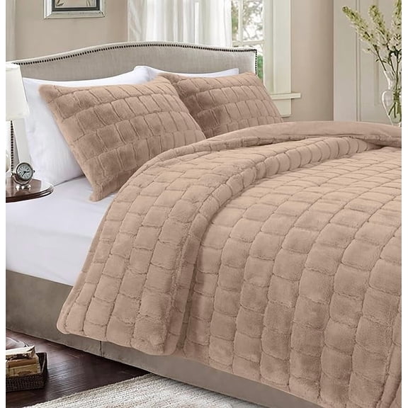 Elegant Comfort Bedding Set 3-Piece Faux Rabbit Fur Comforter Set - All Season Warm Down Alternative , Plush Micro-Mink 3PC Bedding Set with Matching Shams, Twin XL, Taupe