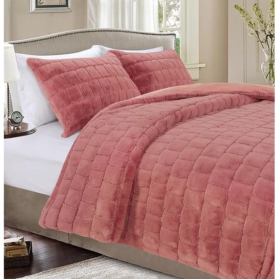 Elegant Comfort Bedding Set 3-Piece Faux Rabbit Fur Comforter Set - All Season Warm Down Alternative , Plush Micro-Mink 3PC Bedding Set with Matching Shams, Twin XL, Dusty Rose