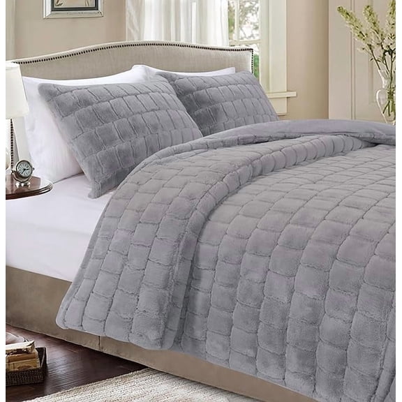 Elegant Comfort Bedding Set 3-Piece Faux Rabbit Fur Comforter Set - All Season Warm Down Alternative , Plush Micro-Mink 3PC Bedding Set with Matching Shams, Full, Gray