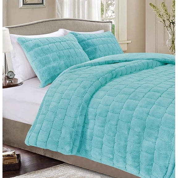 Elegant Comfort Bedding Set 3-Piece Faux Rabbit Fur Comforter Set - All Season Warm Down Alternative , Plush Micro-Mink 3PC Bedding Set with Matching Shams, Full, Aqua