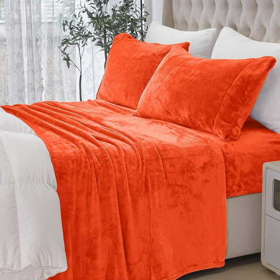 Elegant Comfort Luxuriously Soft 4-Piece Velvet Plush Flannel Sheet Set - Premium Quality - Cozy Warm, Anti-Static, Non Pilling Fuzzy Velvet Flannel Fleece Deep Pocket Sheet Set - Queen, Orange