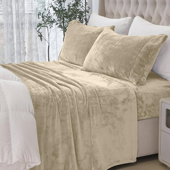 Elegant Comfort Luxuriously Soft 4-Piece Velvet Plush Flannel Sheet Set - Premium Quality - Cozy Warm, Anti-Static, Non Pilling Fuzzy Velvet Flannel Fleece Deep Pocket Sheet Set - Twin, Cream