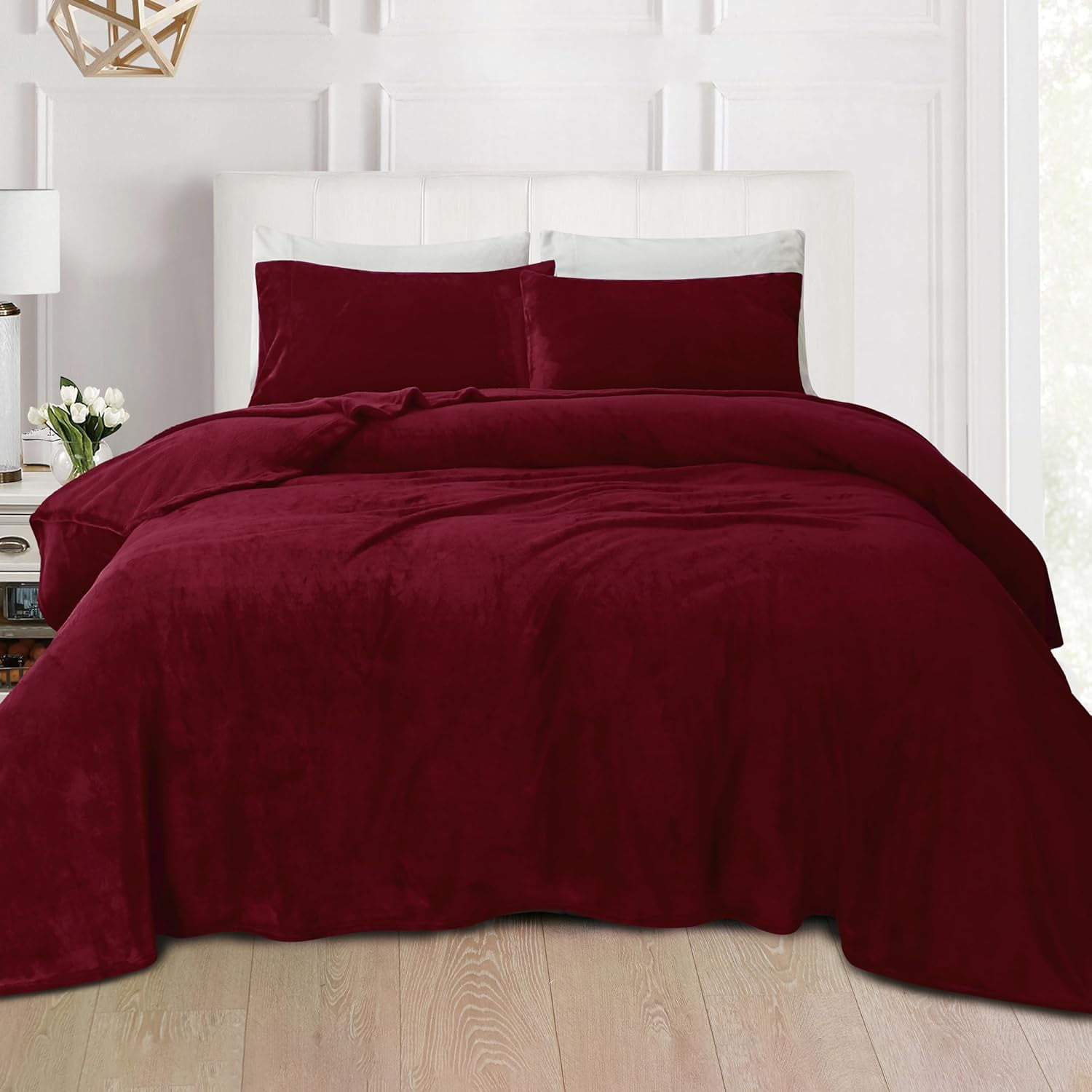 Elegant Comfort Luxuriously Soft 4-Piece Velvet Plush Flannel Sheet Set - Premium Quality - Cozy Warm, Anti-Static, Non Pilling Fuzzy Velvet Flannel Fleece Deep Pocket Sheet Set - Twin XL, Burgundy