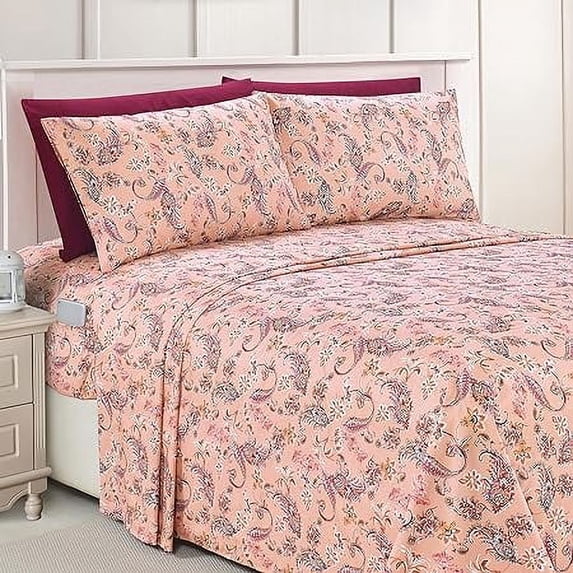 Elegant Comfort Luxury 1500 Series Soft Bed Sheets Paisley Pattern - Wrinkle & Fade Resistant, 6-Piece Set, Full, Paisley Coral