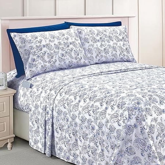 Elegant Comfort Luxury 1500 Series Soft Bed Sheets Paisley Pattern - Wrinkle & Fade Resistant, 6-Piece Set, King, Paisley Indigo