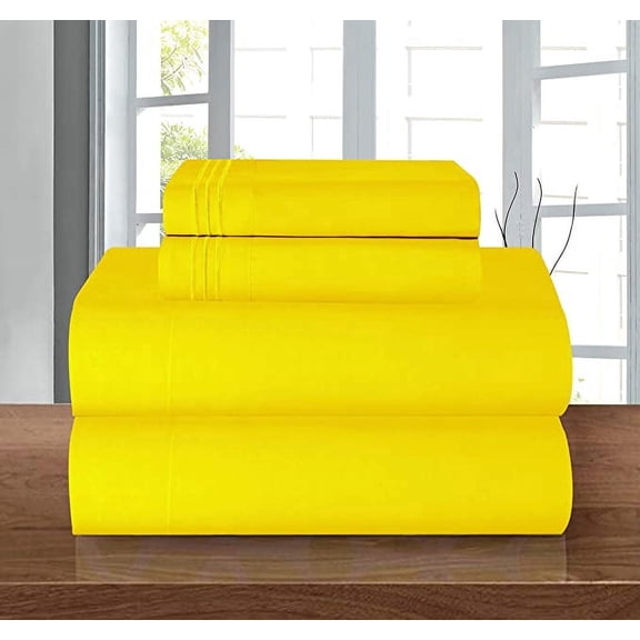 Elegant Comfort Luxury 4-Piece Bed Sheet Set Three-Line Design 1500 Series Microfiber - Wrinkle and Fade Resistant - Deep Pocket, Twin, Yellow