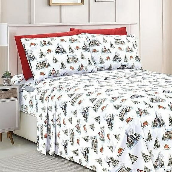 Elegant Comfort Luxury 6-Piece Bed Sheets Set - Holiday Pattern, Ultra-Soft Microfiber, Wrinkle & Fade Resistant, 1500 Series, Queen, Bungalow