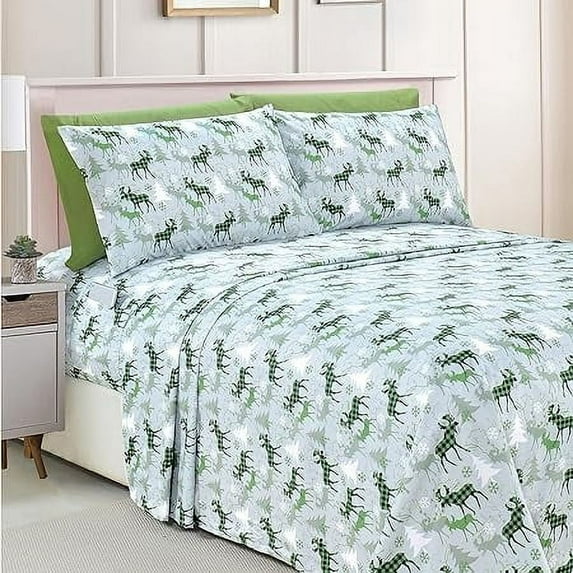 Elegant Comfort Luxury 6-Piece Bed Sheets Set - Holiday Pattern, Ultra-Soft Microfiber, Wrinkle & Fade Resistant, 1500 Series, Queen, Plaid Moose Green