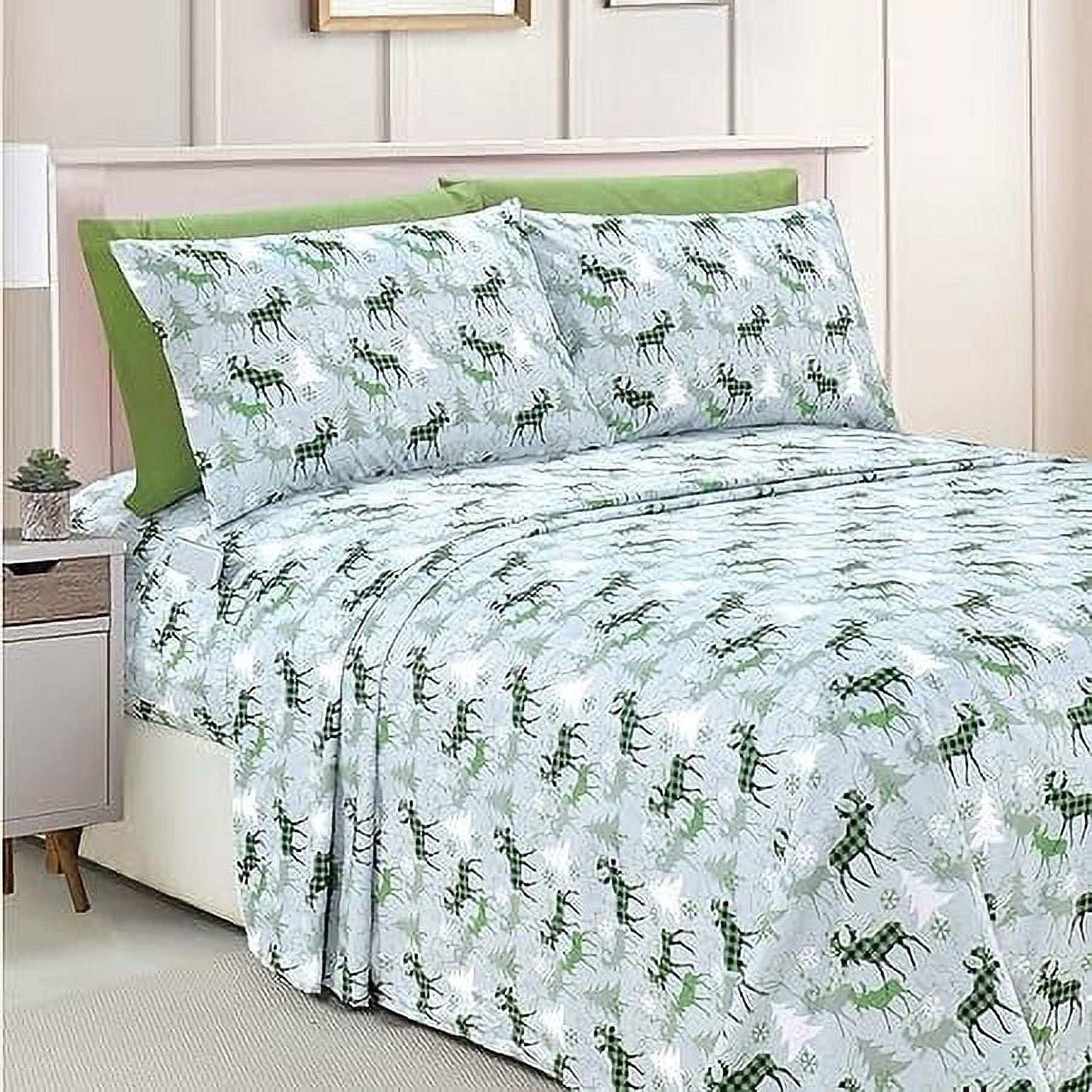 Elegant Comfort Luxury 6-Piece Bed Sheets Set - Holiday Pattern, Ultra-Soft Microfiber, Wrinkle & Fade Resistant, 1500 Series, Twin XL, Plaid Moose Green