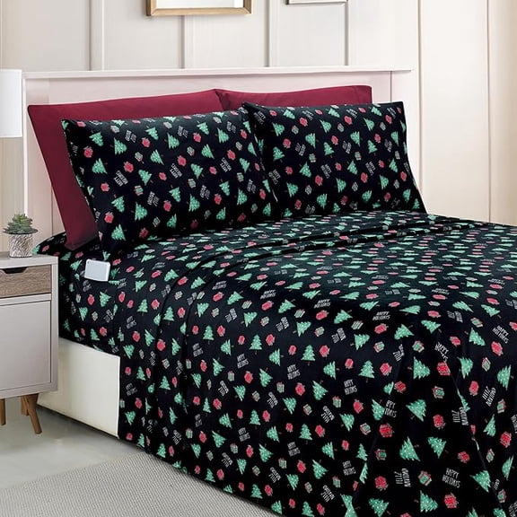 Elegant Comfort Luxury Soft Bed Sheets Holiday Pattern 1500 Premium Hotel Quality Microfiber - Softness Wrinkle and Fade Resistant (6-Piece) Bedding Set, Queen, Feliz Navidad