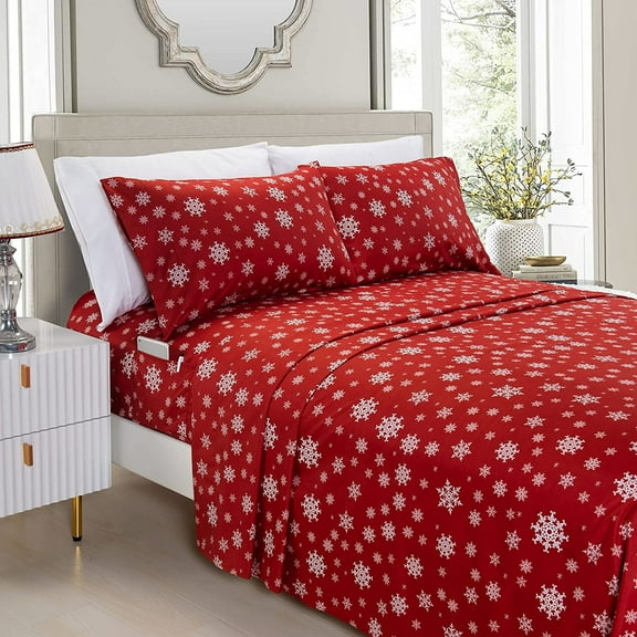 Elegant Comfort Luxury Soft Bed Sheets Holiday Pattern 1500 Thread Count Percale Egyptian Quality Softness Wrinkle and Fade Resistant (4-Piece) Bedding Set, Twin XL, SnowFlake-Burgundy