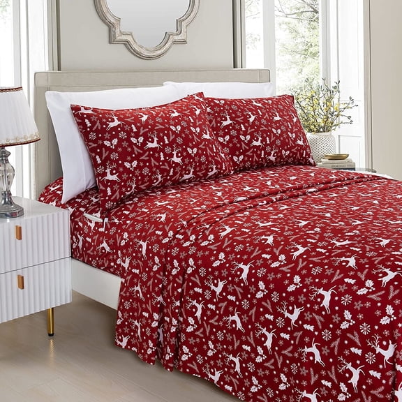 Elegant Comfort Luxury Soft Bed Sheets Holiday Pattern 1500 Thread Count Percale Egyptian Quality Softness Wrinkle and Fade Resistant (4-Piece) Bedding Set, Twin, Burgundy Reindeer
