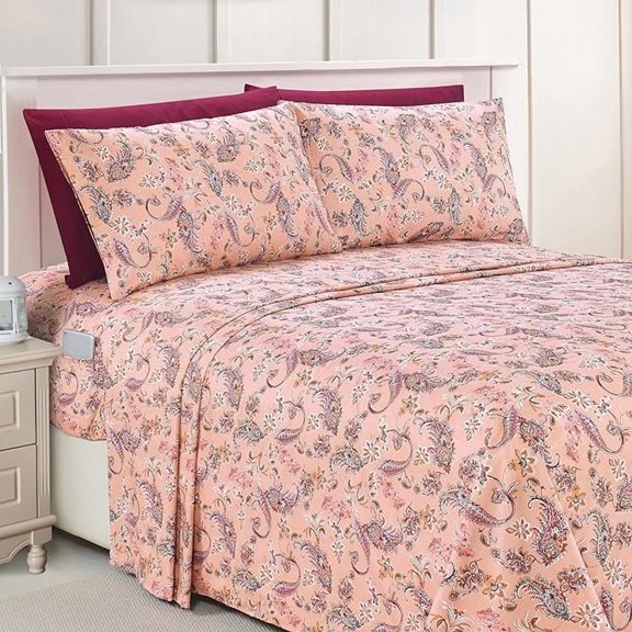 Elegant Comfort Luxury Soft Bed Sheets Paisley Pattern - 1500 Series Microfiber Softness Wrinkle and Fade Resistant (6-Piece) Bedding Set, Full, Paisley Coral