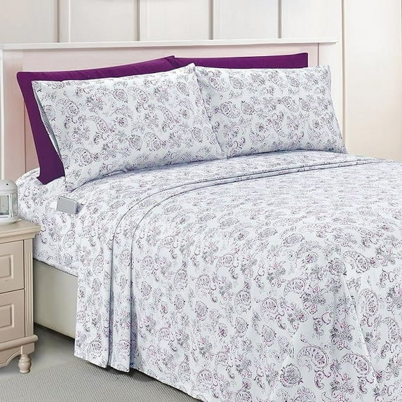 Elegant Comfort Luxury Soft Bed Sheets Paisley Pattern - 1500 Series Microfiber Softness Wrinkle and Fade Resistant (6-Piece) Bedding Set, Full, Paisley Purple