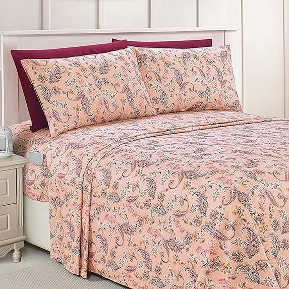 Elegant Comfort Luxury Soft Bed Sheets Paisley Pattern - 1500 Series Softness Wrinkle and Fade Resistant (6-Piece) Bedding Set, Full, Paisley Coral