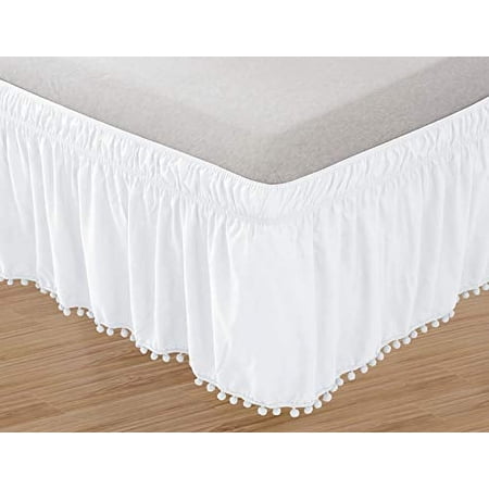 Elegant Comfort Luxury Top-Knot Tassle Pompom Fringe Ruffle Bed Skirt -Wrap Around Style- Elastic Bed Wrap- Wrinkle Resistant 16inch Drop, Twin/Full, White