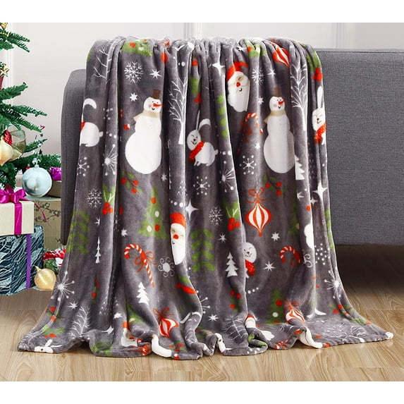 Elegant Comfort Luxury Ultra Plush Velvet Touch 50 x 60inch Christmas Blanket, Cozy, Soft and Warm Holiday Printed Fleece, 50 x 60, Santa Snowman Gray
