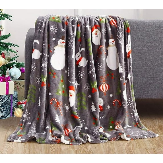 Elegant Comfort Luxury Ultra Plush Velvet Touch 50 x 60inch Christmas Blanket, Cozy, Soft and Warm Holiday Printed Fleece, 50 x 60, Santa Snowman Gray