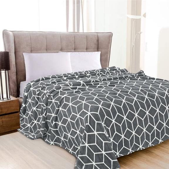 Elegant Comfort Luxury Velvety Feel Blanket, All-Season Lightweight Blanket, Ultra Plush, Soft, Cozy-Fuzzy Flannel Fleece for Couch, Sofa, Bed, Travel, Cube Design, King/California King, Gray