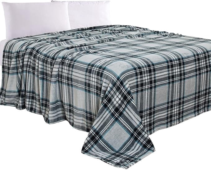 Elegant Comfort Luxury Velvety Feel Blanket, All-Season Lightweight Blanket, Ultra Plush, Soft, Flannel Fleece for Couch, Sofa, Bed, Travel, Plaid Design, King/California King, Silver Gray